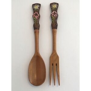 Vintage Salad Serving Wooden Spoon and Fork Hand Painted Handle Flowers